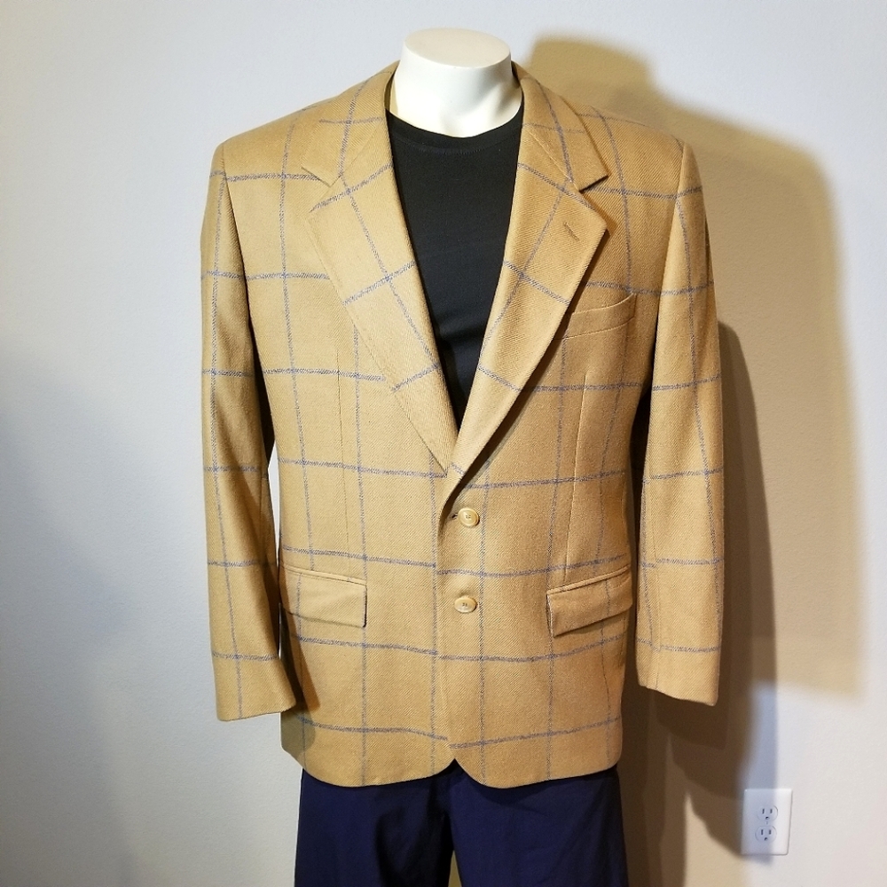 Vintage Perry Ellis Tan and Steel Grey Neutral Wool Cashmere Blazer Size 42